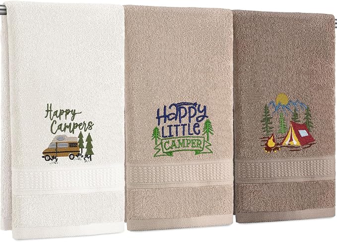 3 Pcs Camping Themed Hand Towels for Bathroom 14 x 29 Inch Embroidered Decorative RV Hand Towels 100% Cotton Farmhouse Campers Bathroom Decor