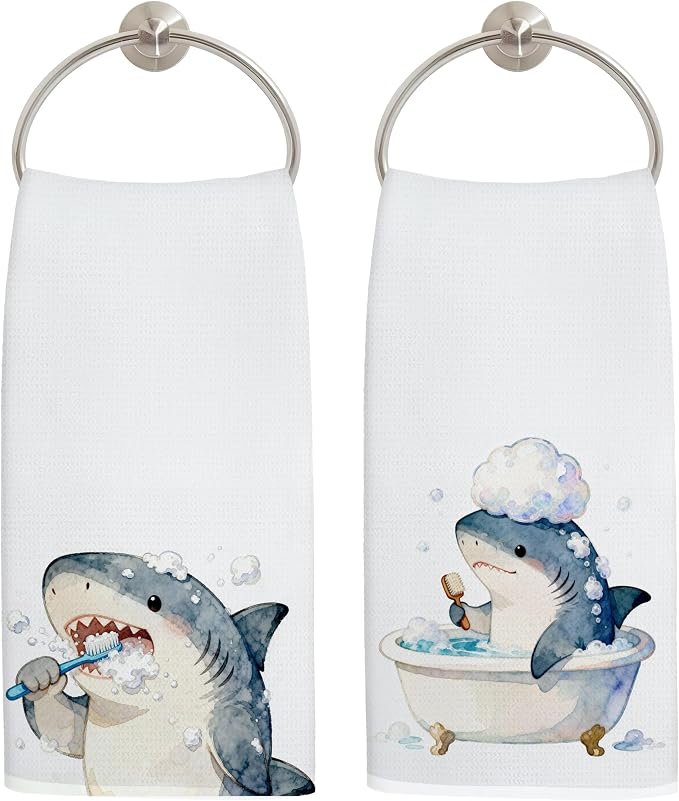 Funny Shark Bathroom Hand Towels, Shark Lover Gifts, Humor Bathing Sharks Animal Decorative Hand Towels for Bathroom Washroom Restroom, 16x24 Inch Set of 3