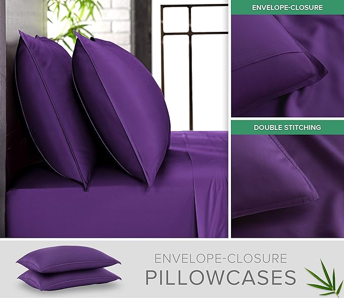 Full Sheets by Pure Bamboo, Genuine 100% Organic Viscose Derived from Bamboo Bed Sheet Set, Luxuriously Soft & Cooling, Double Stitching (Full, Purple)