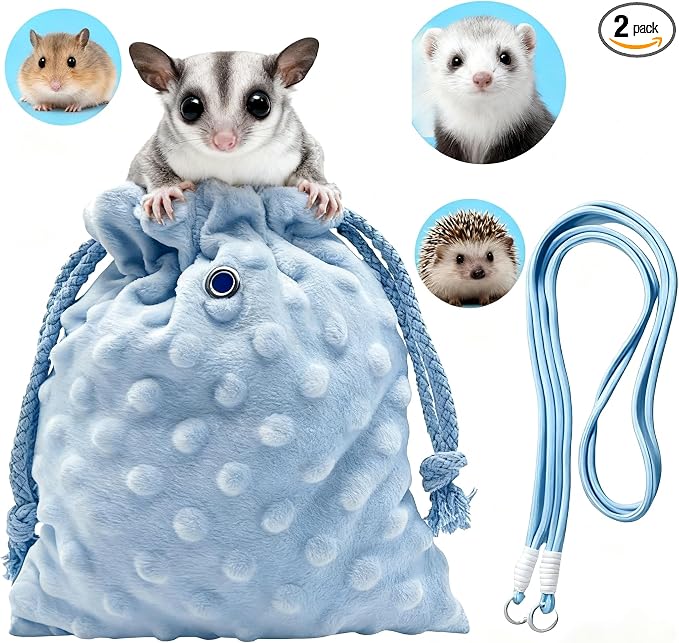 Sugar Glider Bonding Pouch Portable Drawstring Pouch Soft Sleeping Bag with Blue Braided Ribbon Small Animal Carrier- Hedgehog Hamster Ferret (Blue)