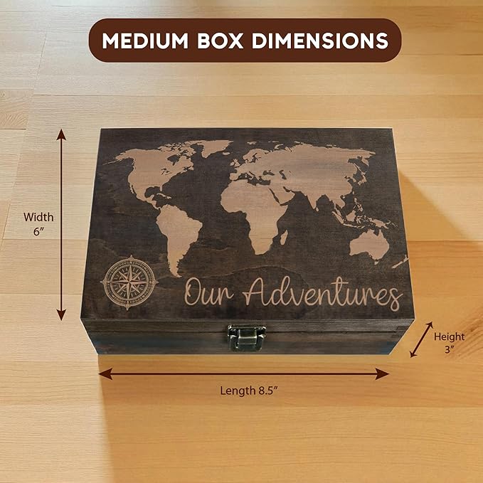 Engraved Adventure Memory Box – Wooden Keepsake Box for Travel, Camping, and Life Milestones – Medium Size – Dark Walnut Finish – 8.5 x 6 x 3 in