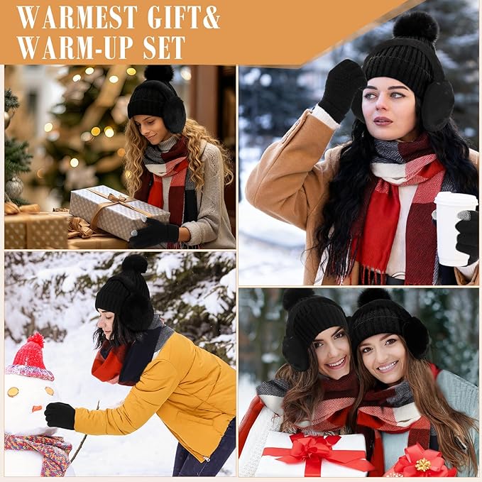 Geyoga 6 Pcs Winter Hat Scarf Gloves Set Knitted Touchscreen Gloves Plaid Scarf Earmuffs Socks Gift for Women Men