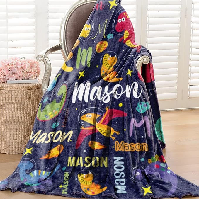 Personalized Dinosaur Blanket for Boys, Custom Name Blanket for Kids Dino Outspace, Soft Flannel Dinosaur Toddler Blanket Customized Gift for Birthday Christmas Baby Shower, Newborn Gift 30" X 40"