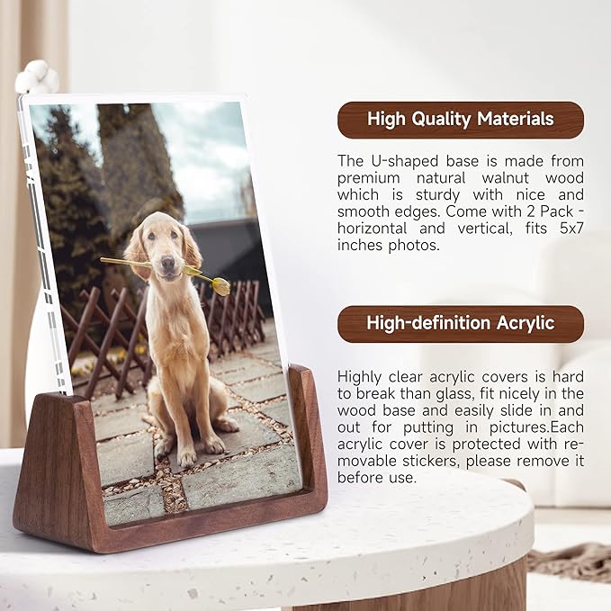 4x6 Picture Frame - 2 Pack, Rustic Wooden Photo Frame with Walnut Wood Base and High Definition Acrylic Glass Covers for Tabletop or Desktop Display (4x6 inch, Horizontal + Vertical)