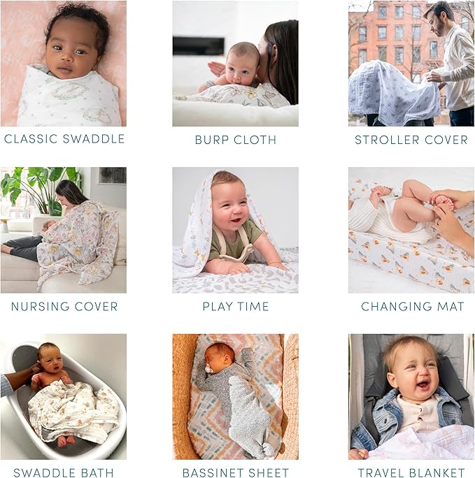 aden + anais Boutique Organic Swaddle Blanket 4-Pack – 100% Organic Cotton Muslin, Large, Soft, Breathable Receiving Blankets for Infants – Lightweight Multi-Use Baby Swaddles, Safari Dreams