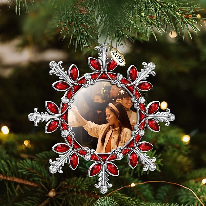 2025 Christmas Tree Ornament Snowflake Picture Frame Metal Hanging Pendant Holiday 2" Photo Frame Charm Decorative of Pets, Baby First Christmas, Family (Red)