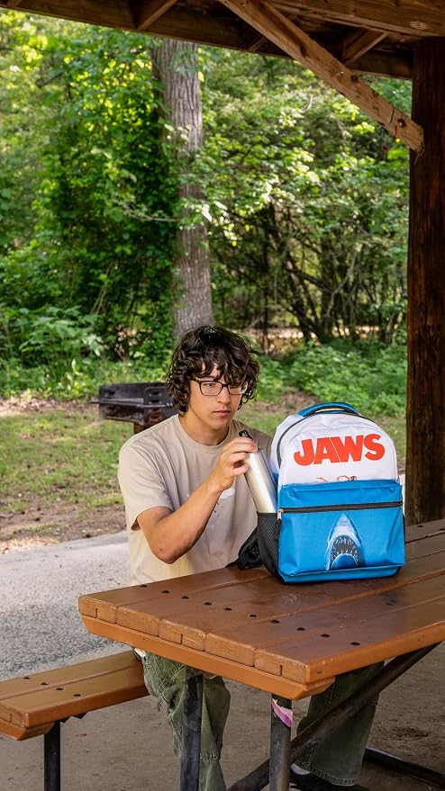 JAWS Movie Poster Backpack, 16 x 12 x 5 Inches, Shark School Bag with Laptop Pocket, 50th Anniversary Edition