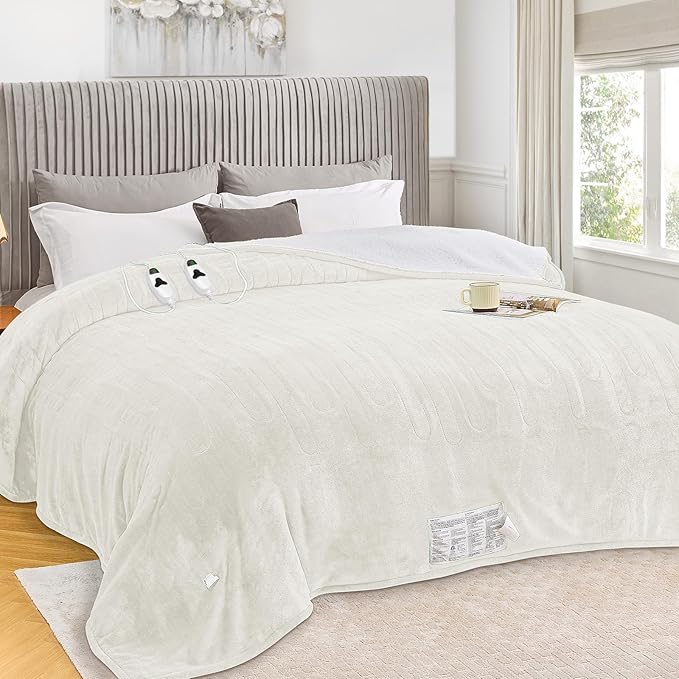 greenoak Heated Blanket Electric King Size 100"X90" Dual Control, Heating Blankets with 10 Levels 8 Hours Auto-Off, Soft Flannel Fluffy House Warming Gifts for Grandma Seniors Mom,Pure White