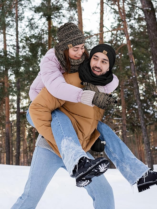 Winter Beanie Hat Scarf Gloves, Warm Fleece Knit Hats Touch Screen Gloves Neck Scarf Set Winter Gifts for Unisex Adult