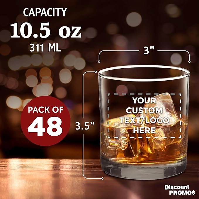 Custom Lexington Rocks Whiskey Glass 10.5 oz, Set of 48, Personalized Bulk Pack - Perfect for Scotch, Bourbon, Whiskey, Cocktail - Clear