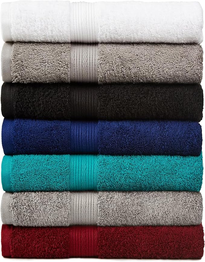 Amazon Basics 6 Piece Oversized Fade resistant Towel set, 100% Cotton towels for bathroom, soft and absorbent, 2 Bath Towels, 2 Hand Towels and 2 Washcloths bathroom towel set, Gray
