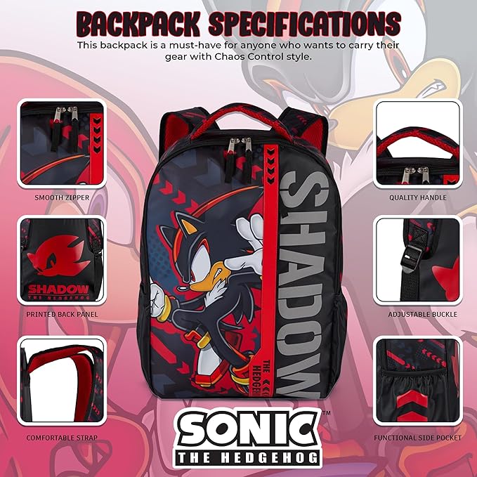 AI ACCESSORY INNOVATIONS Sonic The Hedgehog Backpack for Boys & Girls, Shadow 16 Inch Schoolbag with Reflective Ink, Black