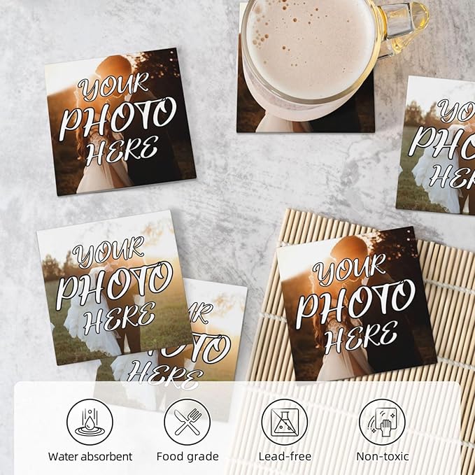 Custom Ceramic Coasters, Personalized Coasters with Photo Logo Text, Customized Cup Mat for Weddings, Bars, Coffee Table, Homes, Offices 6PCS