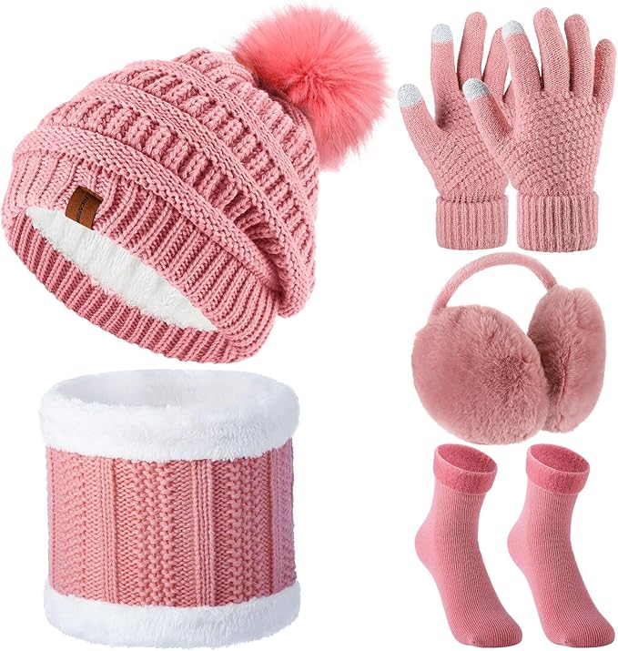 5 Pieces Women Winter Warm Set Knit Beanie Hat Scarf Touchscreen Gloves Earmuffs Stockings 5 in 1 Ski Outing Set for Gift