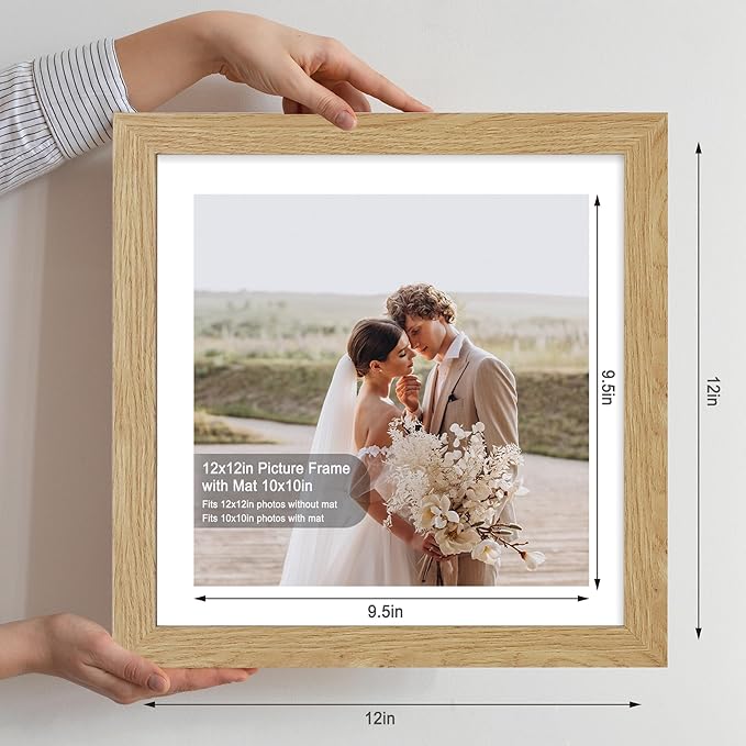 12x12 Picture Frame Set of 4 - Made of Glass and Natural Oak Wooden Frame, Display Square Pictures 10x10 with Mat or 12 x 12 without Mat, Desktop & Wall Collage Photo Frame