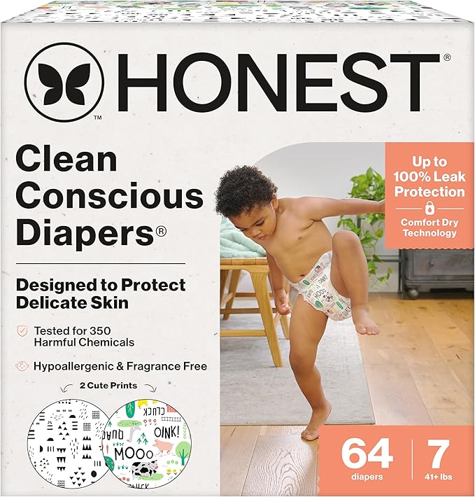 The Honest Company Clean Conscious Diapers for Delicate Skin Up to 100% Leakproof Hypoallergenic Fragrance-Free Baby Gender Neutral Prints Super Club Box Size 7 (41 lbs) 64 Count