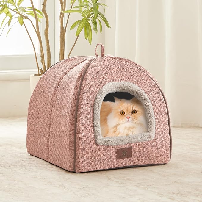 WINDRACING Cat Beds for Indoor Cats, 2-in-1 Cat Bed Cave with Anti-Slip Bottom, Cozy Cats House Tent Suitable for All Seasons, for Medium & Large-Sized Pets Light Pink, L(17.5 X 17.5 X 17.5 Inch)