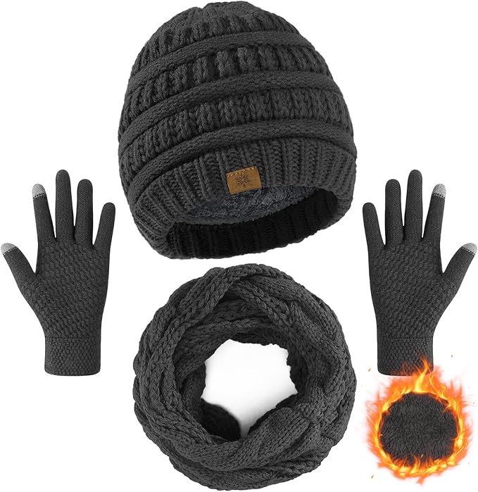 Winter Beanie Hat Scarf Gloves Set, Winter Clothes for Women, Fleece Lined Hats Touchscreen Gloves Thick Neck Warmer
