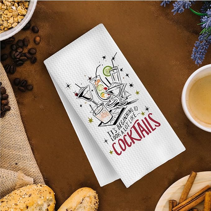 Funny Cocktail Kitchen Towels - Cocktail Gifts Decorative Waffle Weave Dish Towels, Bar Cart Decor Hand Towel Tea Towel, 16x24 Inch