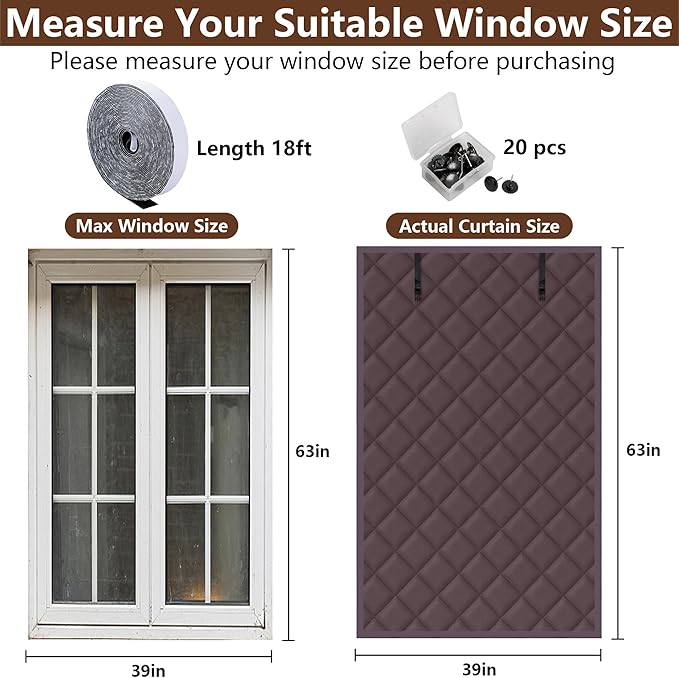 3 Layer 63 x 39 Inch Winter Insulated Window Curtain,Oxford Thermal Insulated Window Blanket with Fastener,Brownish Red Window Insulation Kit for Winter Keeping Warm