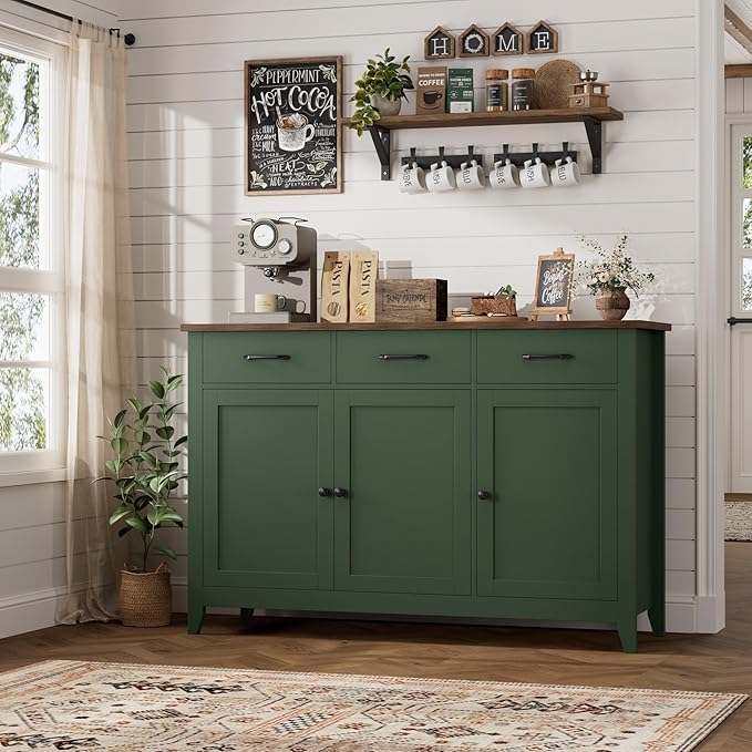 HORSTORS 47" Buffet Cabinet with Storage, Kitchen Buffet Table with Drawers, Modern Farmhouse Coffee Bar Storage Cabinet with Adjustable Shelf, Wood Sideboard for Dining Room, Kitchen, Entryway, Green