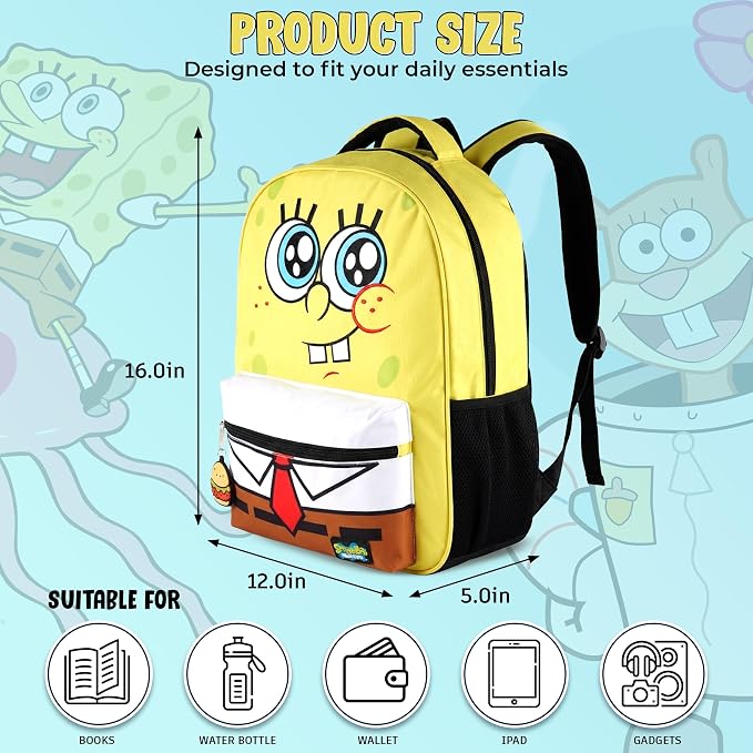 AI ACCESSORY INNOVATIONS SpongeBob Square Pants Backpack for Boys & Girls, 16” Big Face Nylon Twill Bookbag w/Molded Hamburger Patty Dangle, Yellow