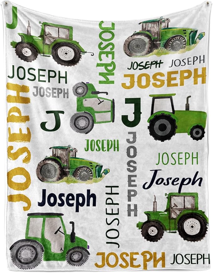 Personalized Tractors Blanket - Custom Name with Farm Tractor Trucks Design - Soft Plush Flannel Bed Blanket for Baby Kid Teen Boys Girls Customized Gifts White & Green
