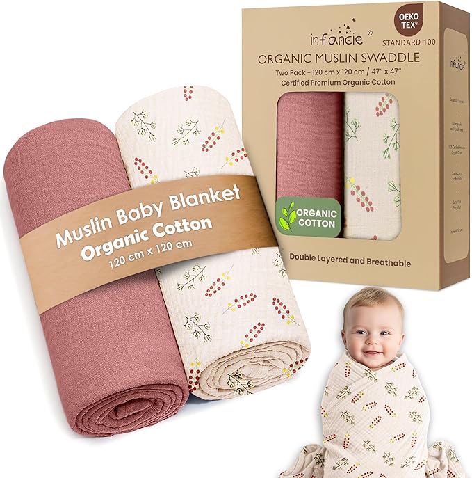 Organic Cotton Muslin Baby Blanket - 47x47 Inch Breathable Swaddle, Hypoallergenic Double-Layer, Versatile Use (Pink Floral, 47x47 Inch)