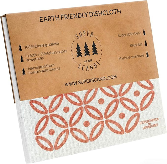 SUPERSCANDI 5 Pack Swedish Dishcloths for Kitchen - 100% Biodegradable & Compostable Reusable Paper Towels Washable, Food-Safe & Without Plastic - Dish Rags Suitable for Any Surface, Artdeco Coral