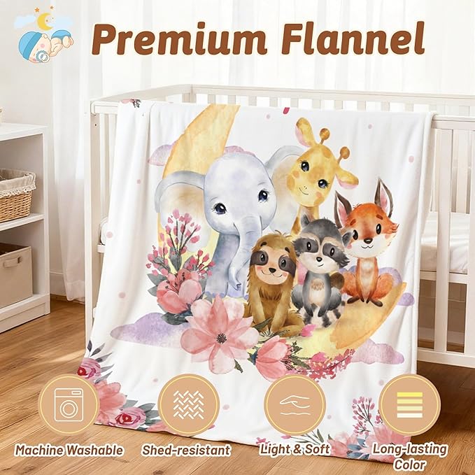 Personalized Baby Blanket with Name, Customized Soft Animals Flannel Blankets for Newborn Boys Girls and Toddlers, for New Mom, Infant Birthday Gift, Moon Zoo
