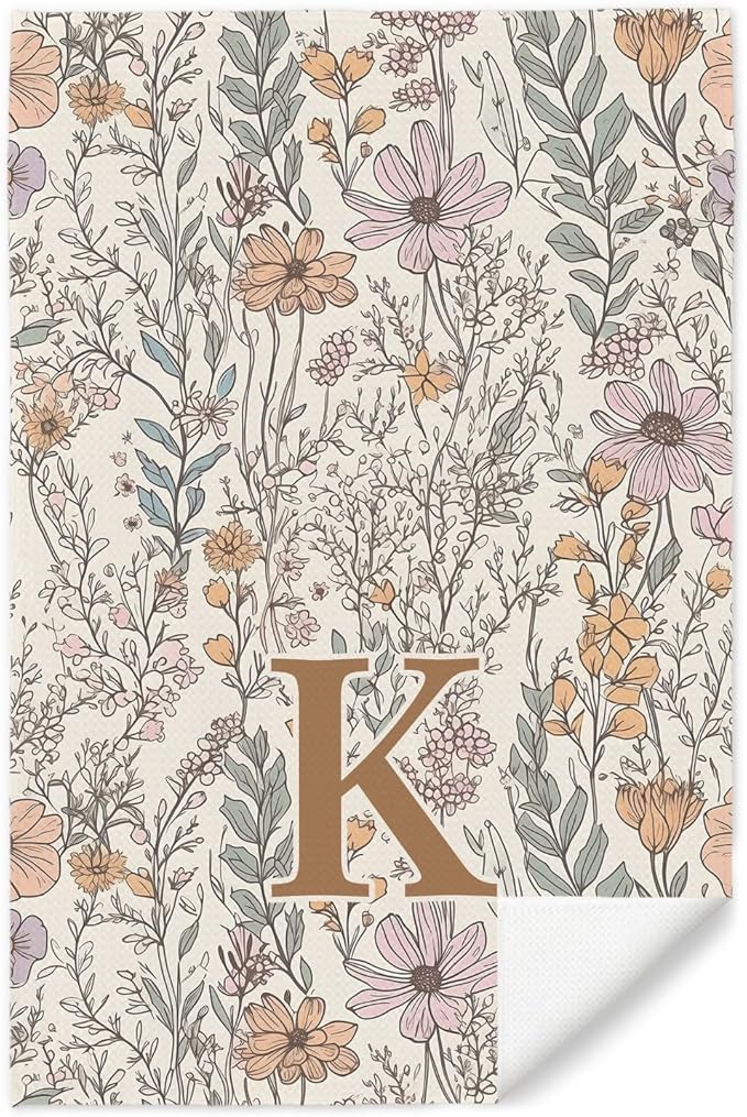 Initial K Personalized Floral Kitchen Towels Dish Towel, Custom Hand Towels for Bathroom, Monogrammed Gifts for Women Mom, Boho Floral Decorative Kitchen Towels Tea Towel, 16x24 Inch