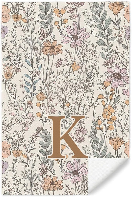 Initial K Personalized Floral Kitchen Towels Dish Towel, Custom Hand Towels for Bathroom, Monogrammed Gifts for Women Mom, Boho Floral Decorative Kitchen Towels Tea Towel, 16x24 Inch