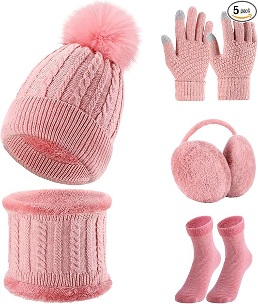 SATINIOR 5 Pcs Winter Hat Scarf Gloves Set Fleece Lined Knit Beanie Hat Warm Touch Screen Gloves Earmuff Warmer for Women(Pink,Beauty Style)