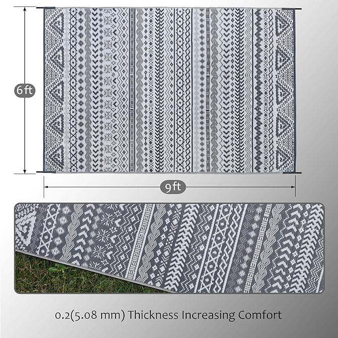 SAND MINE Reversible Mat, Indoor Outdoor Rug Carpet, Reversible Patio Rug, RV Camping Rug, Plastic Straw Rug, Large Floor Mat for RV, Patio, Backyard, Picnic, Camping, Grey & White, 6' x 9'