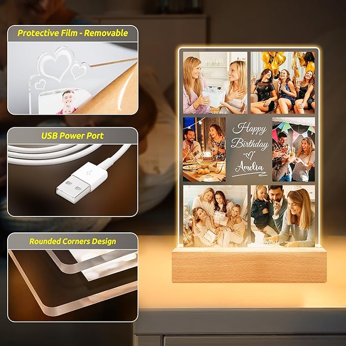 Custom Picture Frames with Photo, Personalized Picture Frame with Night Light, Custom Photo Frame, Customized Best Friend Photo Gifts, Personalized Christmas Birthday Gifts for Women Friends Her Him