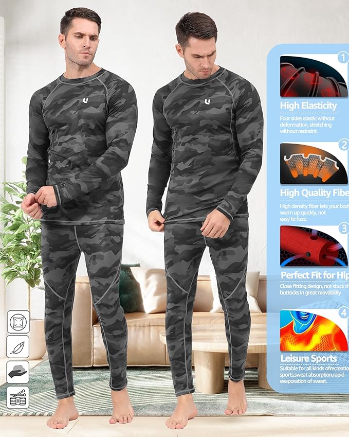 UNIQUEBELLA Men's Thermal Underwear Sets Top & Long Johns Fleece Sweat Quick Drying Thermo Base Layer
