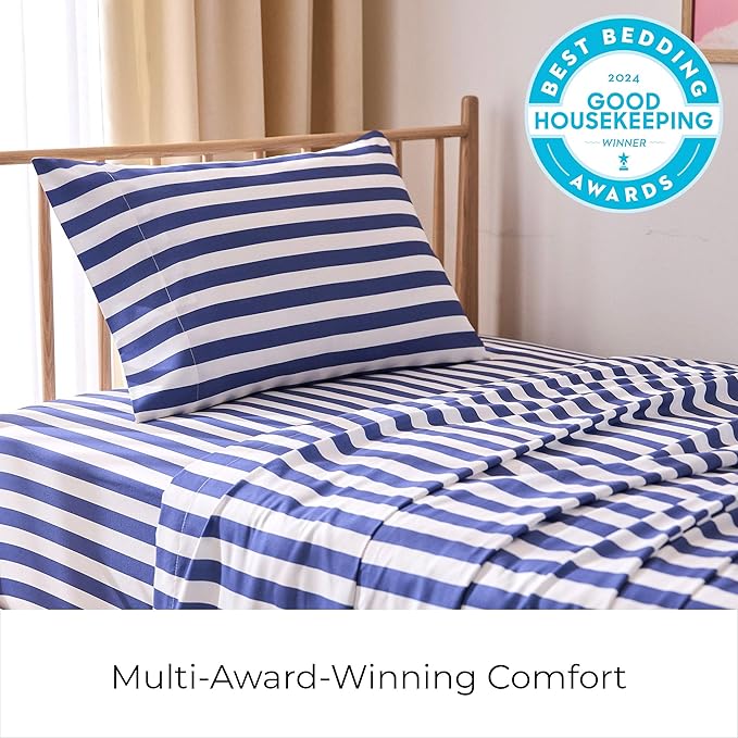 Mellanni Twin Sheets Set - 3 PC Iconic Collection Bedding - Hotel Luxury, Extra Soft, Cooling Bed Sheets - Wrinkle, Fade, Stain Resistant (Twin, Oxford Stripe Blue Nova)