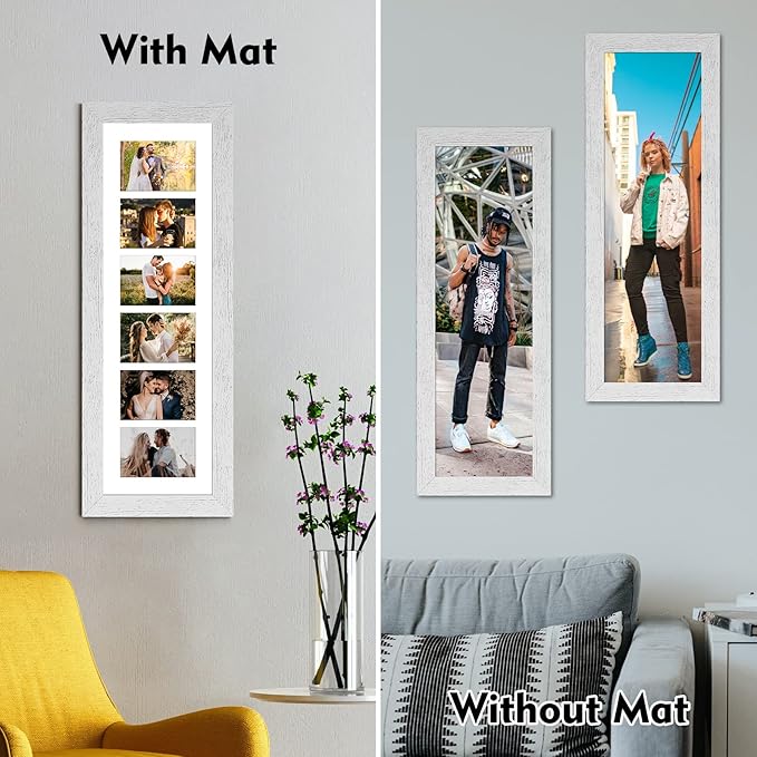 8x26 Picture Frame Display 6 opening 4X6 Picture Frame Collage,Multi Photo Frame with Mat,Plexiglass,Wall or Tabletop Decor,Distressed White Wood Grain