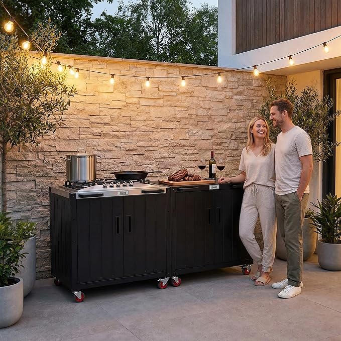Feasto Gas Grill, Movable Outdoor Gas Stove Stainless Steel Top with Cabinet, 5 Burners with 36,200 BTUs, Outdoor Propane Grill for Outdoor Cooking, Ideal for Lawn & Garden, L35.4 x W24