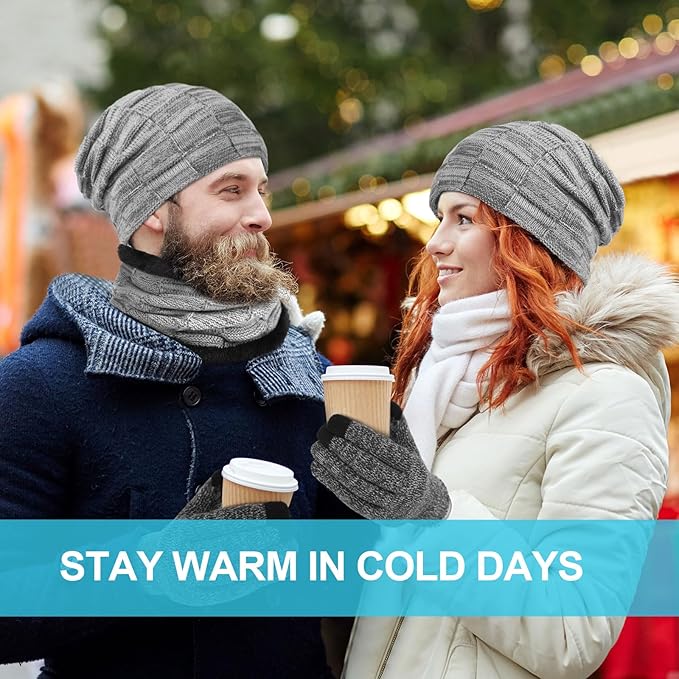 Winter Fleece Lined Beanie Hat Scarf Sock Touchscreen Gloves Set for Men Women