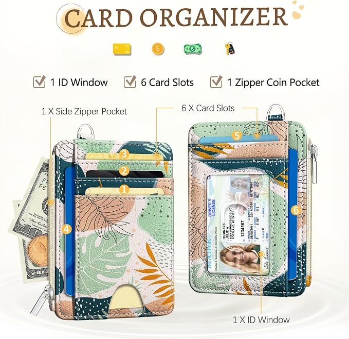 Kelvoris Credit Card Holder Small Wallet Women, Slim RFID, Abstract Leaves | Keychain, Zipper Coin Pocket, Front Pocket Thin Travel Card Case, Minimalist, 6 Card Slots, 1 ID Window, Ladies Gifts Woman
