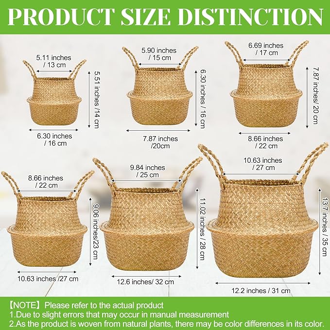 Qunclay 8 Pcs Woven Seagrass Baskets Belly Basket Folding Boho Natural Plant Pot with Handles Round Decorative Wicker Large Indoor Planter for Home Outdoor Tree Planters Decor (11 x 13 Inch)