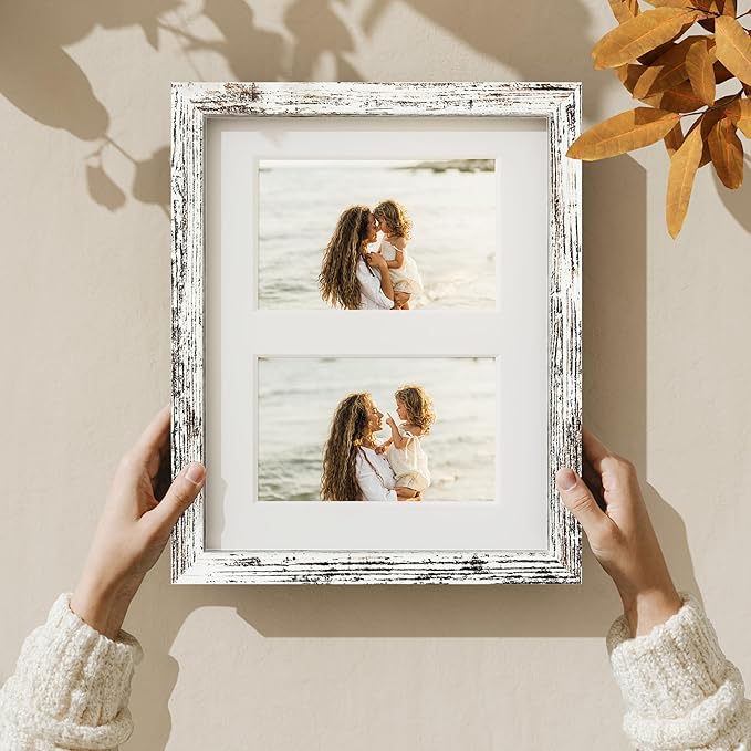 Vittanly 8x10 Collage Picture Frame, Displays 2Pcs 4x6 Pictures with Mat or 1Pcs 8x10 without Mat, Photo Frame for Wall Mounting or Table Top with Stand, Distressed White, 1 Pack