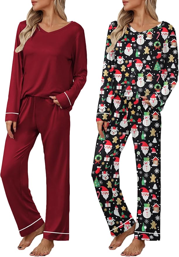 Ekouaer Womens 2 Pack Pajama Set Long Sleeve Pajamas Top and Pants V Neck Pjs Set Soft Loungewear with Pockets