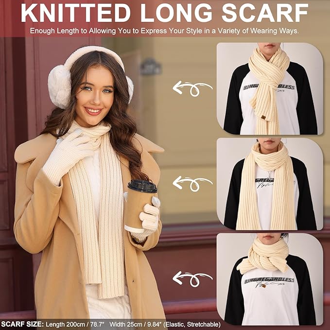 UMIPUBO Winter Beanie Hats Scarf Touch Screen Gloves Fuzzy Socks Ear Muffs 5pcs Set for Women Winter Ski Outing Set