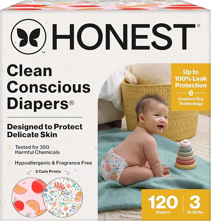 The Honest Company Clean Conscious Diapers for Sensitive Skin Up to 100% Leakproof Hypoallergenic Fragrance-Free Baby Girl Prints Super Club Box Size 3 (16–28 lbs) 120 Count