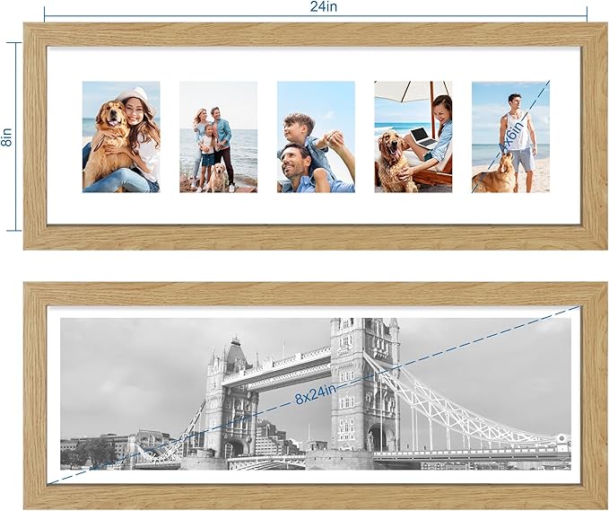 8x24 Picture Frame 2 Pack, Natural Oak Wood Frame with Tempered Glass, Display Pictures Multiple Five 4x6 With Mat or 8 x 24 Without Mat - Horizontal or Vertical Wall Mounting