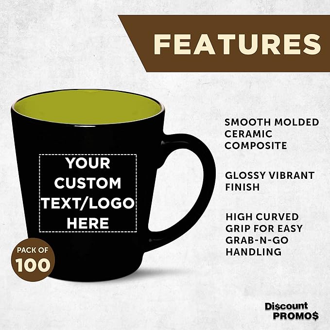 Custom Ceramic Coffee Latte Mugs 12 oz. Set of 100, Personalized Bulk Pack - Perfect for Coffee, Tea, Espresso, Hot Cocoa, Other Beverages - Lime Green