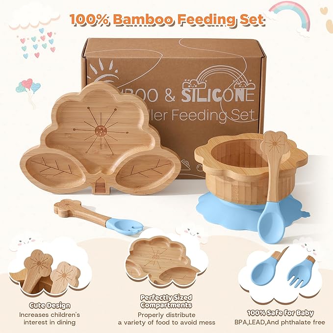 Bamboo Suction Plates Bowls Set for Baby Toddler - Includes Bamboo Bowl, Divided Plate, Silicone Fork & Spoon, All-Natural Baby Feeding Set for Baby-Led Weaning