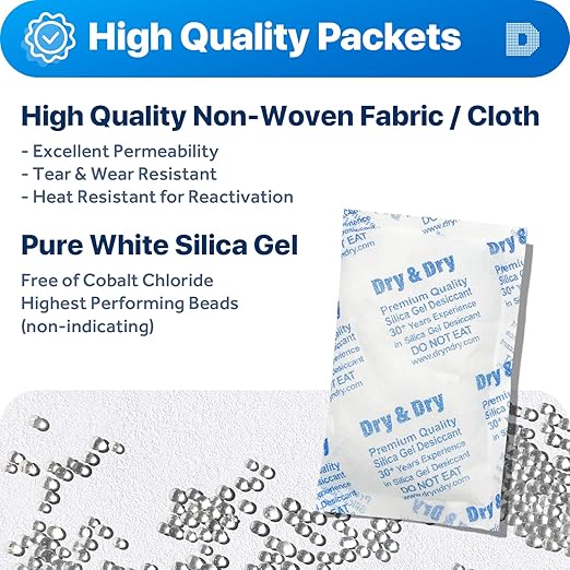 Dry & Dry 100 Gram [30 Packets] Silica Gel Packets Desiccants, Silica Packets - Rechargeable Silica Gel Packs, Desiccants Packets, Silica Gel